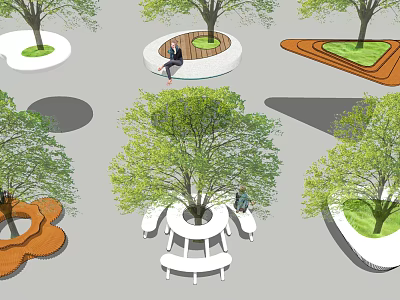 Innovative Tree Pit Design With Circular Wooden Seating And Diverse Shapes 3d model