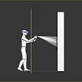 Human Figure With Blue Headgear Interacting With Colorful Biological Patterns On Wall Grid Framework