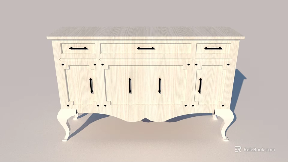 White Wooden Entryway Console Cabinet With Drawers Doors And Cabriole Legs 3d model 