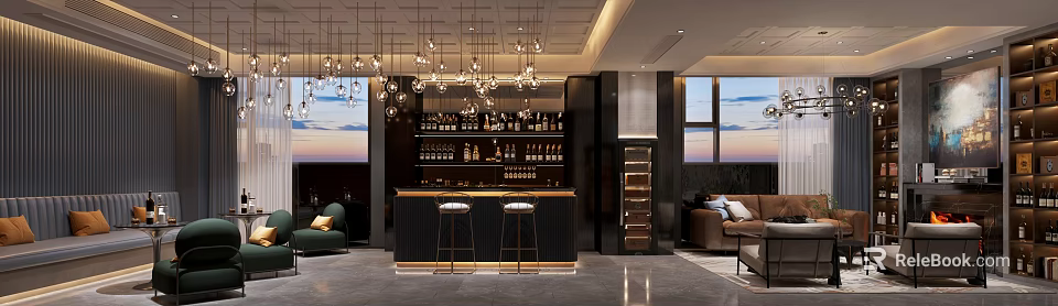 Modern Bar Interior Design With Hanging Lights Wine Bottles Bar Stools And Sunset View 3d model 