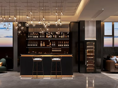 Modern Bar Interior Design With Hanging Lights Wine Bottles Bar Stools And Sunset View 3d model