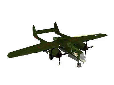 Green Military Twin Engine Fighter Aircraft With Double Wings Propellers And Landing Gear 3d model