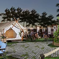 Glamping Campsite With Canvas Tent Tall Trees Blue Chairs And Paved Courtyard Area