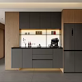 Modern Kitchen Sideboard With Black Cabinets Drawers Open Shelves For Wine Glasses Coffee Machine