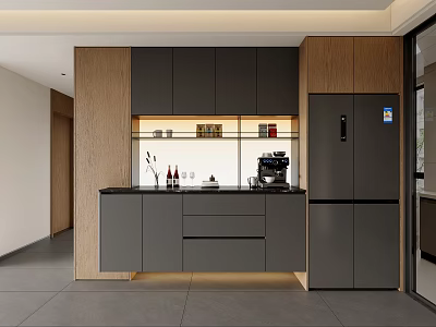 Modern Kitchen Sideboard With Black Cabinets Drawers Open Shelves For Wine Glasses Coffee Machine 3d model