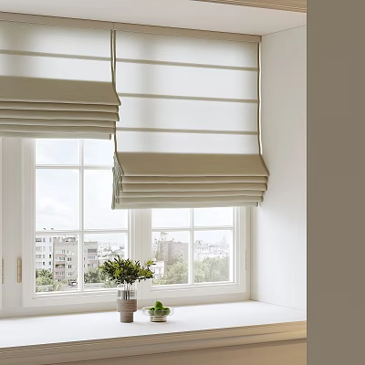 Light Beige Roman Blinds for Modern Window with Natural Light and Potted Plant 3d model