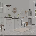 Bathroom Interior With White Storage Cabinets Drawers And Shelves Decorative Mirror And Potted Plant
