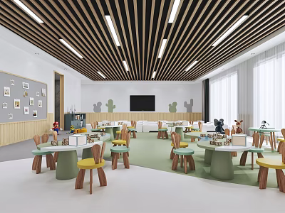 Cheerful Kindergarten Classroom With Green Tables Yellow Chairs And Cactus Decor 3d model