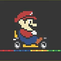 Pixel Art Character In Red Hat Driving Yellow Kart On Colorful Platform