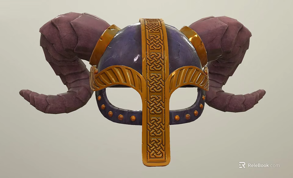Ornate Purple And Golden Helmet With Ram Horns Intricate Braided Patterns And Studs 3d model 