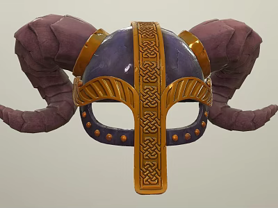 Ornate Purple And Golden Helmet With Ram Horns Intricate Braided Patterns And Studs 3d model