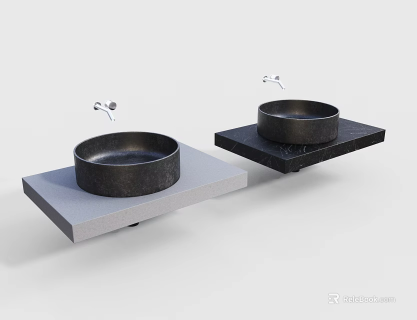Modern Stone Washbasins with Light Gray and Black Countertops and Faucet Drops 3d model 