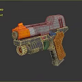 Futuristic Sci-Fi Handgun With Weathered Silver Gray Body Orange Grip And Red Lens
