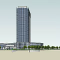 Modern High Rise Office Building With Glass Curtain Wall And Landscaped Gardens
