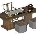 Traditional Chinese Tea Table And Chairs With Scroll Tea Set And Stools 3d model