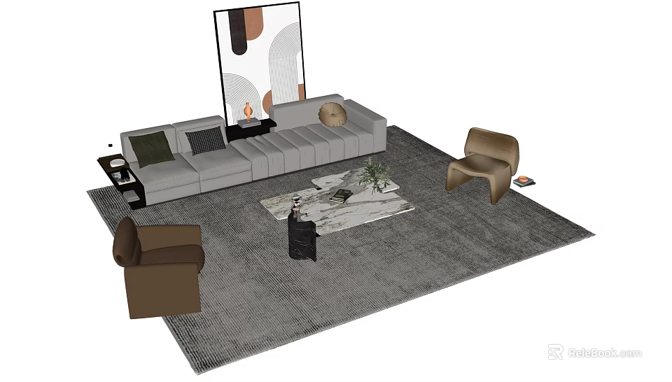Modern Sofa And Coffee Table Set With Gray Rug Armchairs And Wall Art 3d model 