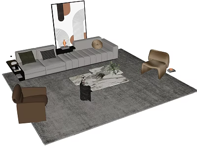 Modern Sofa And Coffee Table Set With Gray Rug Armchairs And Wall Art 3d model