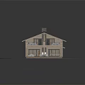 Modern Log Cabin with Black Roof Chimney Porch Tables Chairs and Green Lawn