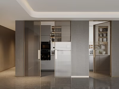 Modern Sliding Doors For Open Kitchen Interior With Glass Frames And Sleek Design 3d model
