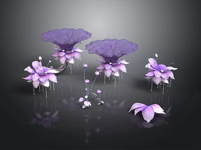 Purple Lotus Flowers with Large Leaves and Small Petals on Dark Background with Reflections 3d model