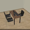 Brown Wooden Office Desk With Computer Monitor Mouse Phone Black Chair And Blue Pink Folders