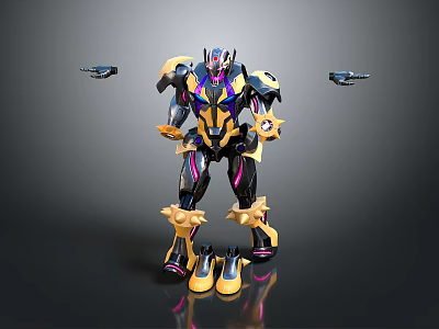 Futuristic Robot Character With Yellow Black Purple Armor And Side Flying Devices 3d model