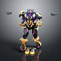Futuristic Robot Character With Yellow Black Purple Armor And Side Flying Devices