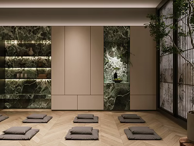 Serene Yoga Studio With Soft Lighting Wooden Floors Green Marble Walls And Yoga Mats 3d model