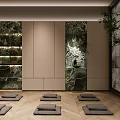 Serene Yoga Studio With Soft Lighting Wooden Floors Green Marble Walls And Yoga Mats