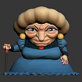 Game And Movie Elderly Woman Animated Character With Blonde Curly Hair Blue Dress And Cane
