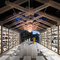 Artistic Book Interior Space With Modern Bookshelves White Benches Sculptures And Skylight Lighting