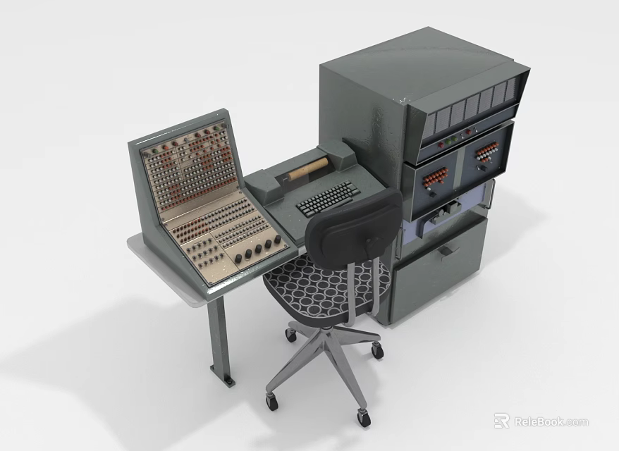 Vintage Computer Control Console With Mainframe Cabinet And Office Chair Setup 3d model 