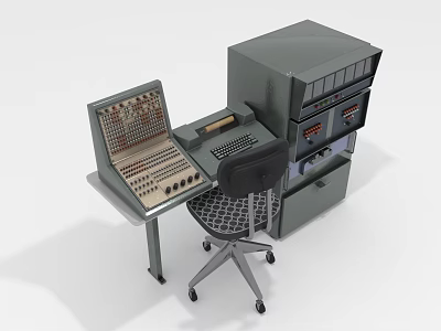 Vintage Computer Control Console With Mainframe Cabinet And Office Chair Setup 3d model