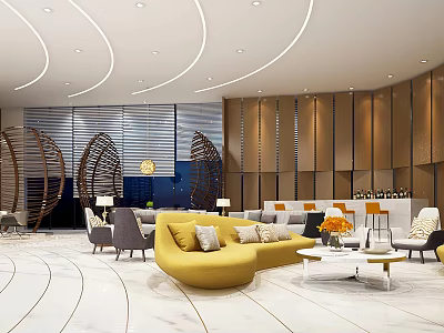 Modern Hotel Lobby Interior With Yellow Sofa Circular Decor Wooden Panels And Marble Floor 3d model