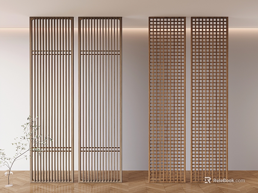 Modern Wooden Room Dividers With Vertical Slats And Lattice Patterns In Interior Space 3d model 