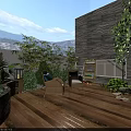 Cozy Garden Landscape with Wooden Deck Wicker Chairs Green Plants Stone Wall and Decorative Lantern