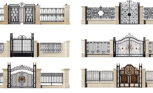 European-style gate wrought iron gate wall combination 3d model