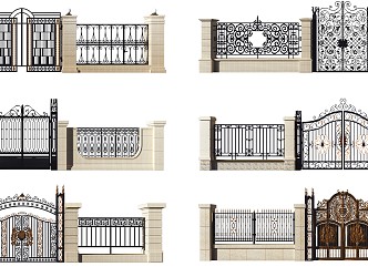 European-style gate wrought iron gate wall combination 3d model