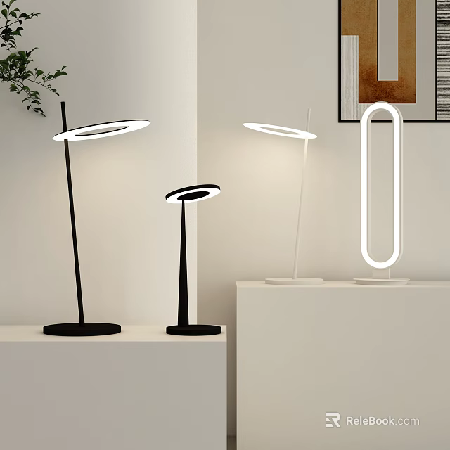 Modern Minimalist Desk Lamps with Circular Light Rings Black and White Bases on Shelves 3d model 