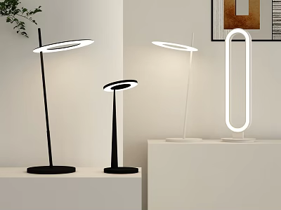 Modern Minimalist Desk Lamps with Circular Light Rings Black and White Bases on Shelves 3d model