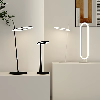 Modern Minimalist Desk Lamps with Circular Light Rings Black and White Bases on Shelves 3d model