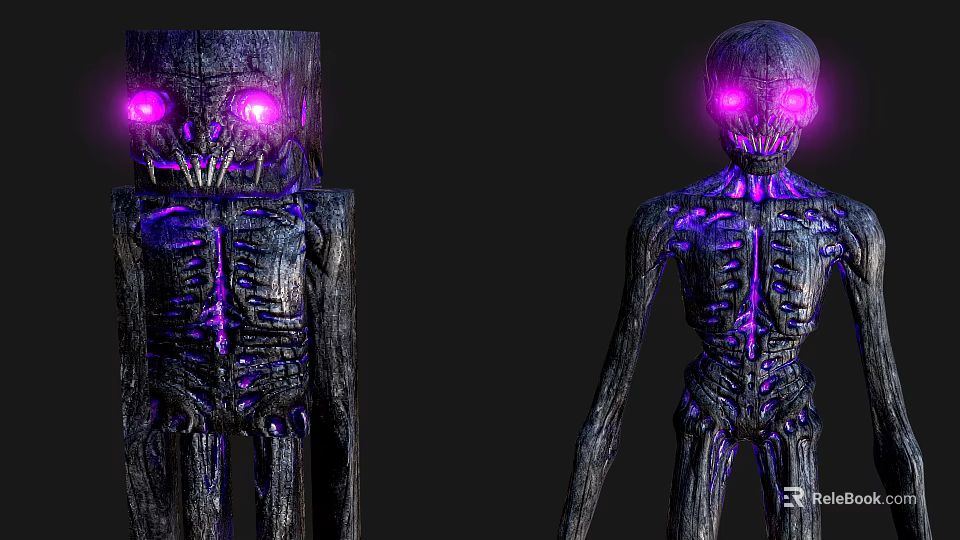 Two Eerie Skeleton Creatures With Purple Glowing Eyes And Wooden Texture 3d model 