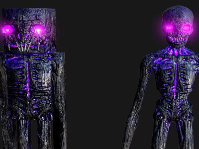 Two Eerie Skeleton Creatures With Purple Glowing Eyes And Wooden Texture 3d model