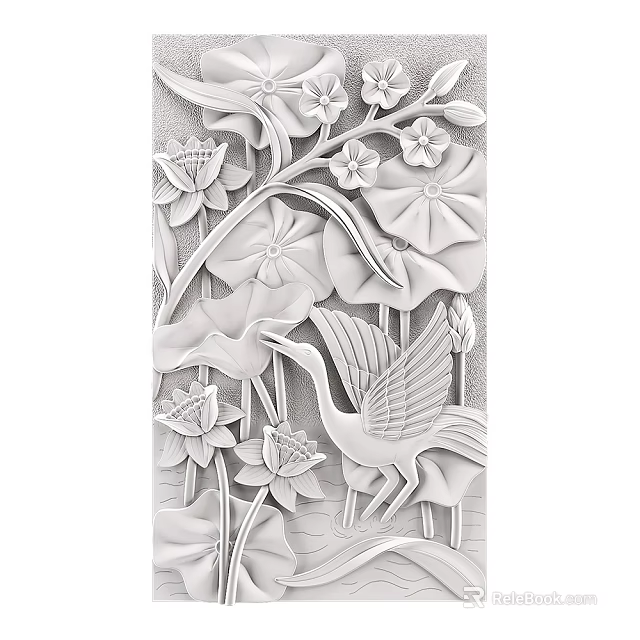 3D Carved White Wall Decor With Lotus Flowers And Crane Design 3d model 