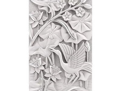 3D Carved White Wall Decor With Lotus Flowers And Crane Design 3d model