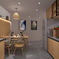 Modern Kitchen Interior With Wooden Cabinets Silver Refrigerator Dining Table Chairs And Pendant Light