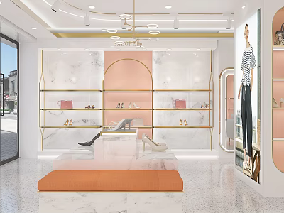 Fashion Boutique Interior With Marble Walls Gold Shelves Orange Seating And Clothing 3d model