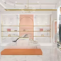 Fashion Boutique Interior With Marble Walls Gold Shelves Orange Seating And Clothing
