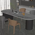Modern Oval Dining Table Set With Marble Top And Gray Brown Leather Chairs