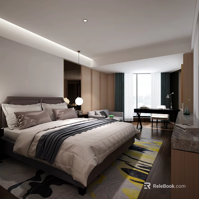 Modern Hotel Room Interior With Large Bed Wooden Paneling And Geometric Rug 3d model 